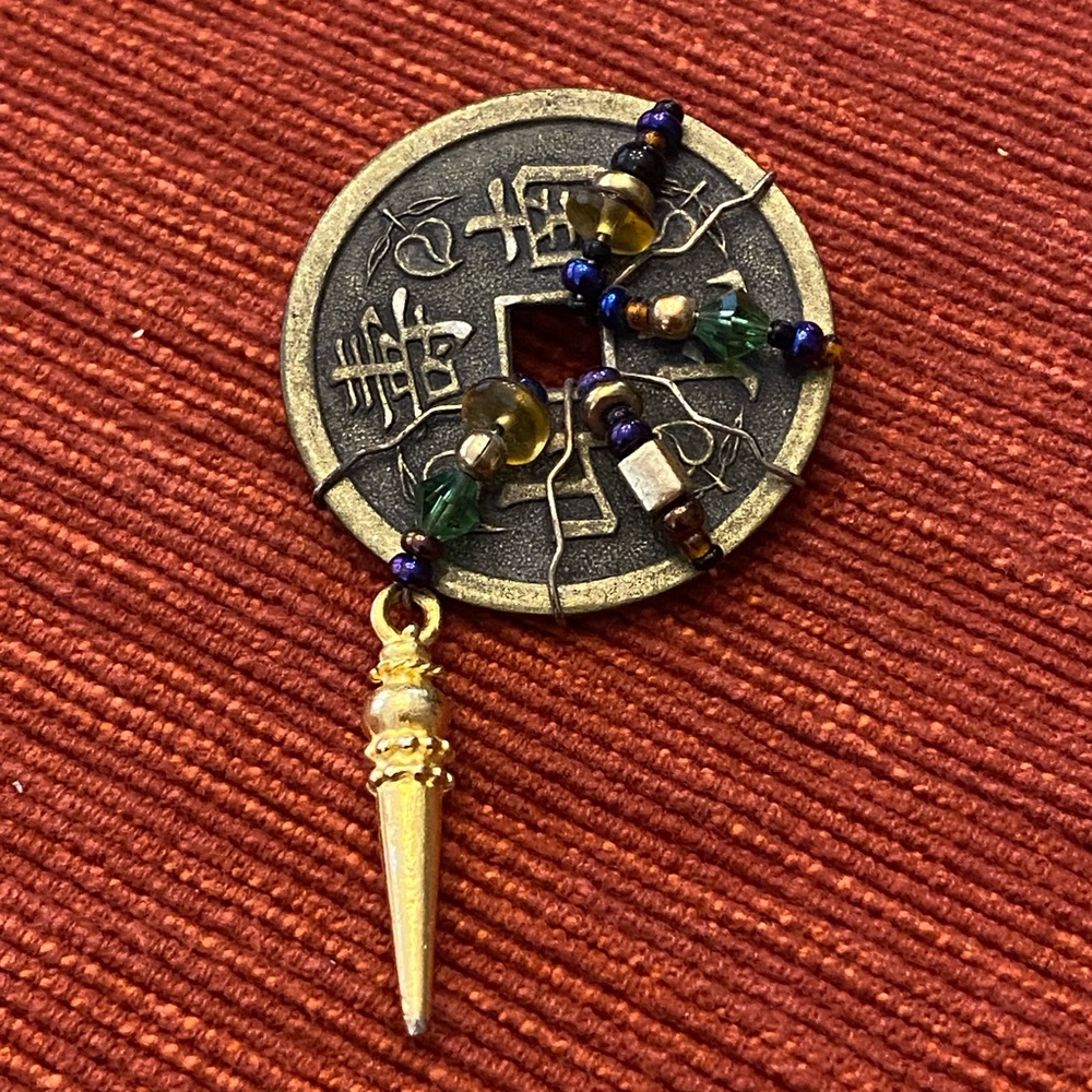 Fun Boho Asian Coin with glass beads Brooch / Pin Artisan Handmade